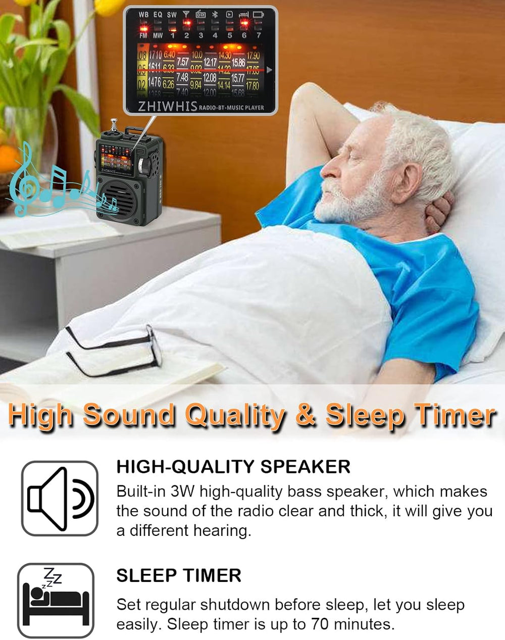 ZHIWHIS Shortwave Radio with Bluetooth, Portable Radio with Sleep Timer, Weat...