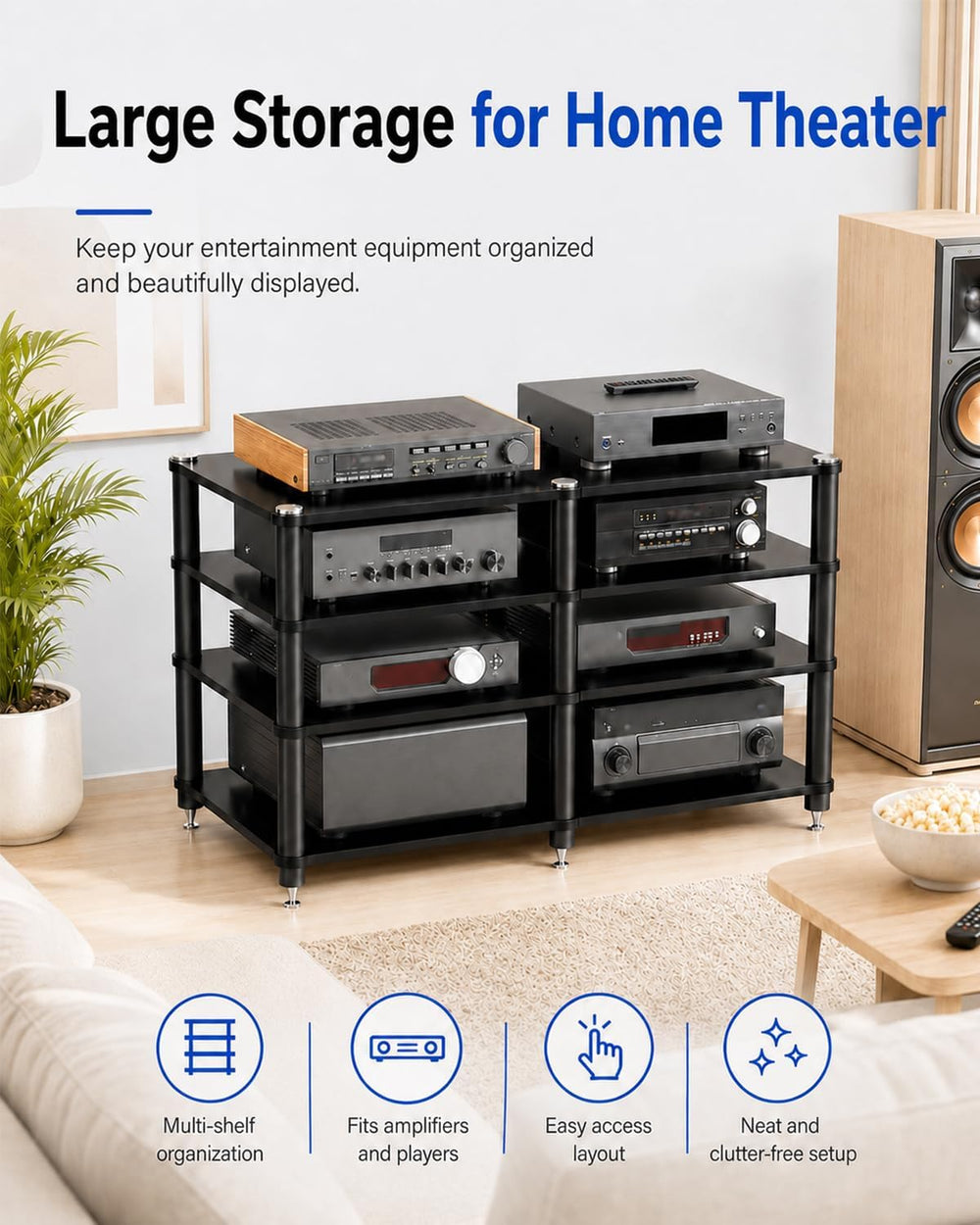 4 Tier Heavy Duty AV Media Stand, Stereo Stands and Racks, Black