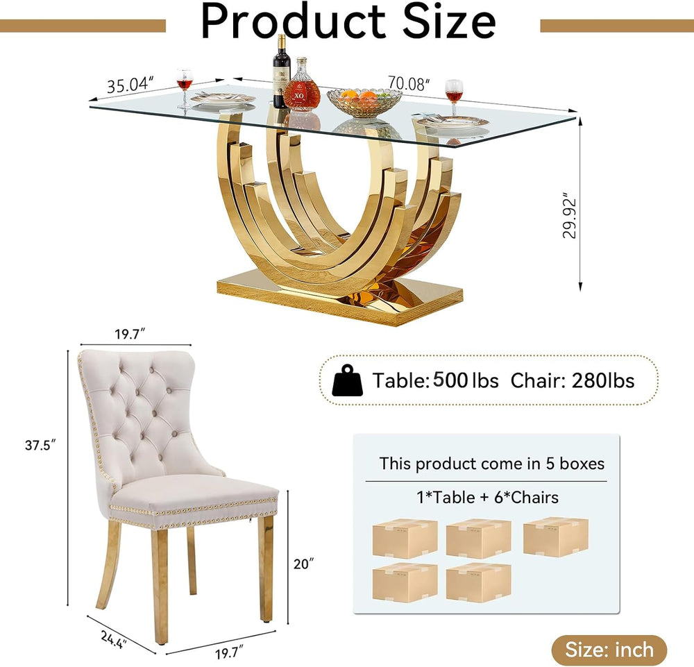 SSLine 7-Piece Gold Glass Dining Table Set for 6, Modern Luxury 70" Glas...