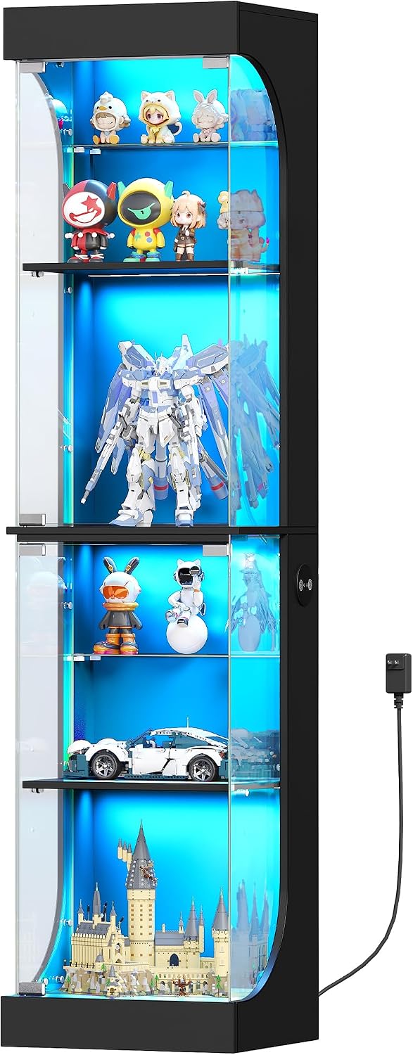 Hzuaneri Glass Display Cabinet 4-Tier Display Case with RGB Lights Black | Cu...
