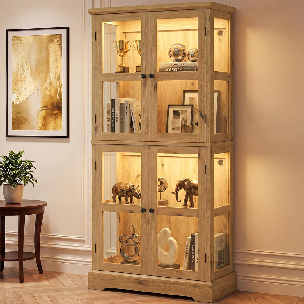 68" Tall Glass Display Cabinet with RGB LED Lights, Yellow Oak | 4-Tier ...