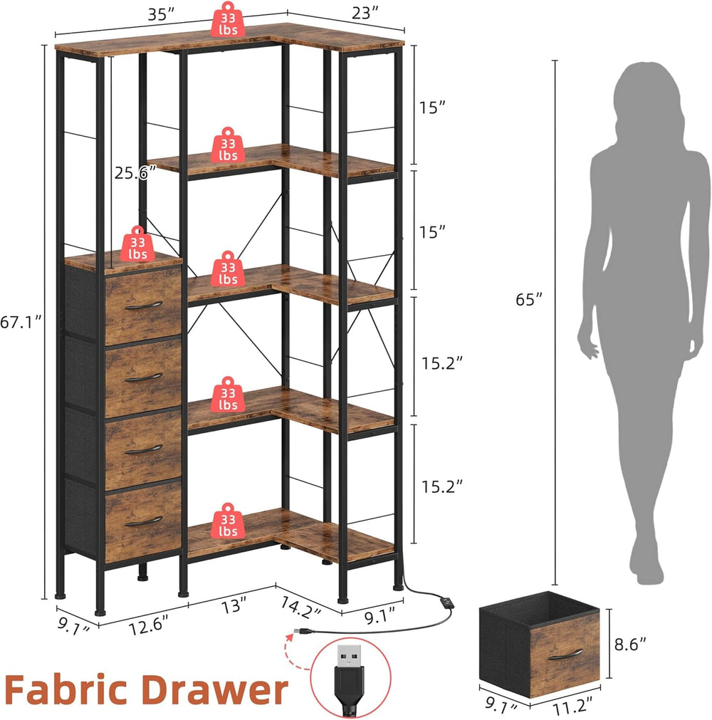 AFLUI 5-Tier Corner Bookshelf with LED Light Strips, 4 Fabric Drawers