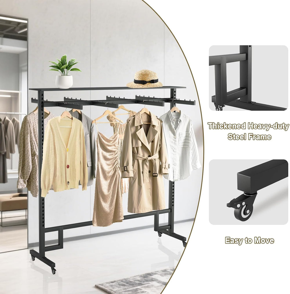Retail Clothing Display Rack with Adjustable 8 Arms, on Wheels & Top Shelf