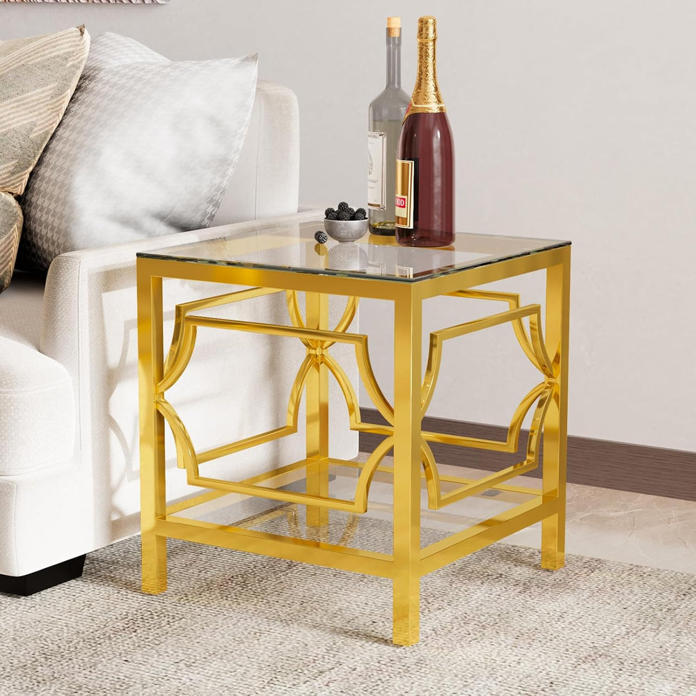 Modern 19.7" Square Glass Side Table for Living Room Luxury 2-Tier Stora...