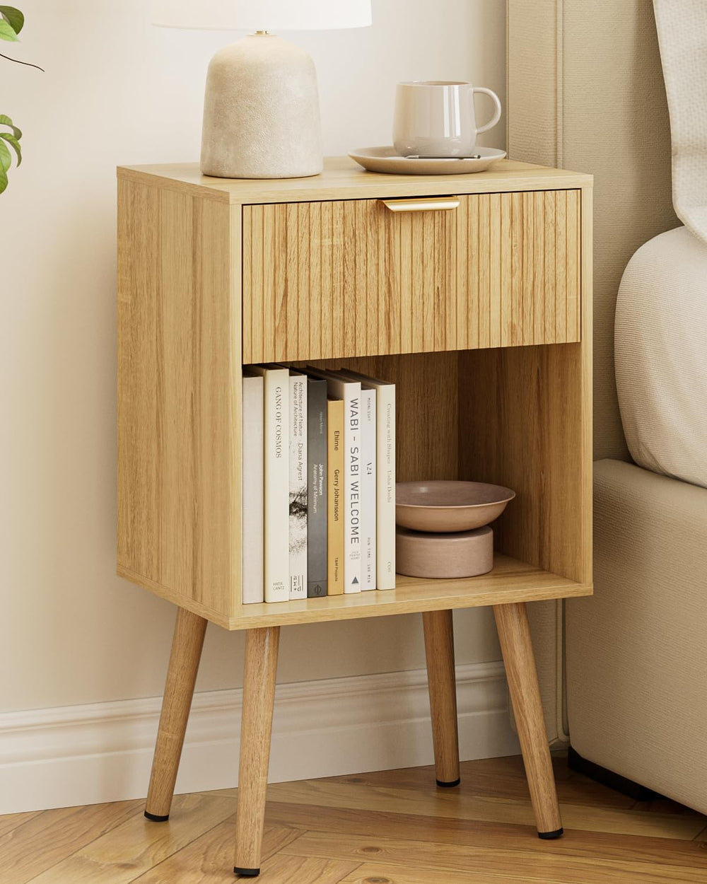 Oak Fluted Nightstand, Modern Bedside Table with Storage Drawer, Wood Night S...