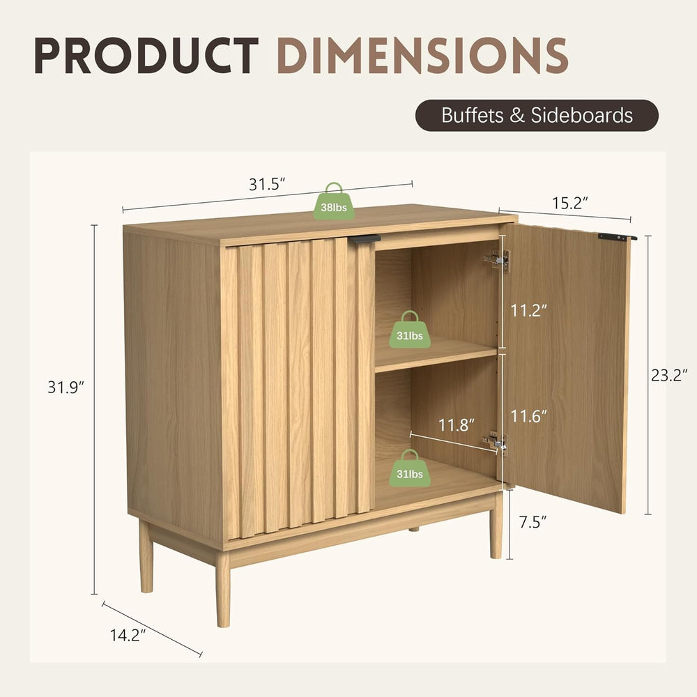 Otterease Fluted Buffet Cabinet with Storage, Wooden Sideboard with Doors &am...