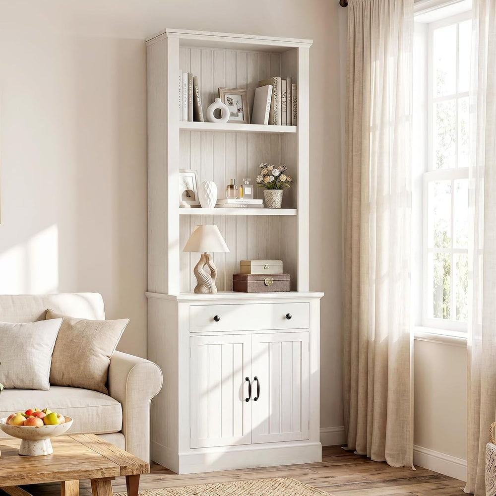 80" Tall Bookshelf Bookcase with Drawer and Doors, Rustic White