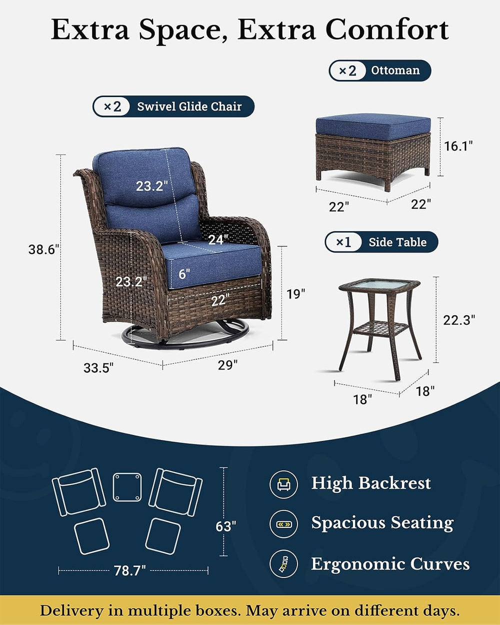 HILLGA 5-Piece Luxury Patio Furniture Set with 6" Thick Cushions, Weathe...