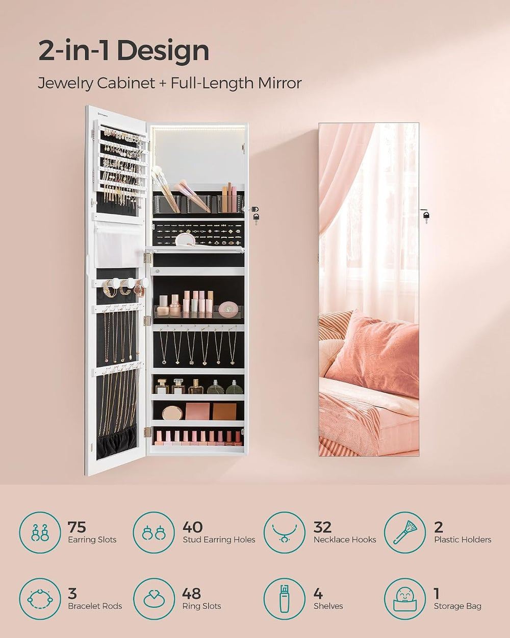 SONGMICS Jewelry Cabinet Armoire with Mirror, Wall or Door Mount, 55 Inches