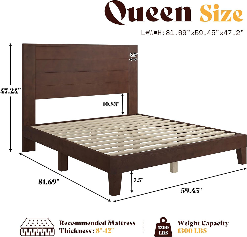 AMERLIFE Queen Size Solid Wood Bed Frame with 48" Headboard Design, Walnut