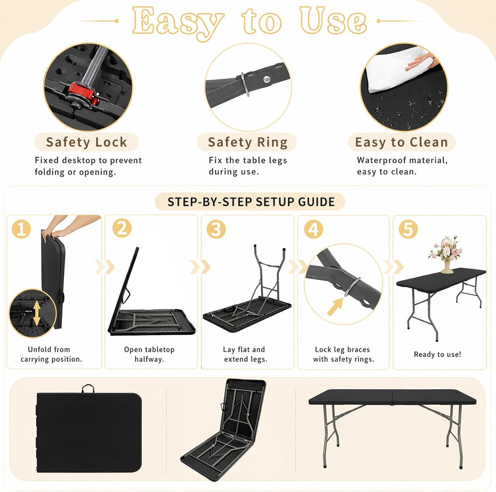 HAISIWLKJ Folding Table 6 FT Lightweight Camping Table Black Portable Plastic...