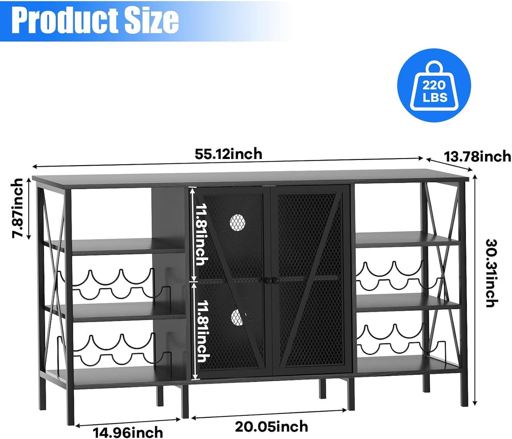 Wine Bar Cabinet with Doors, 55" Freestanding Iron Metal Sideboard Buffe...