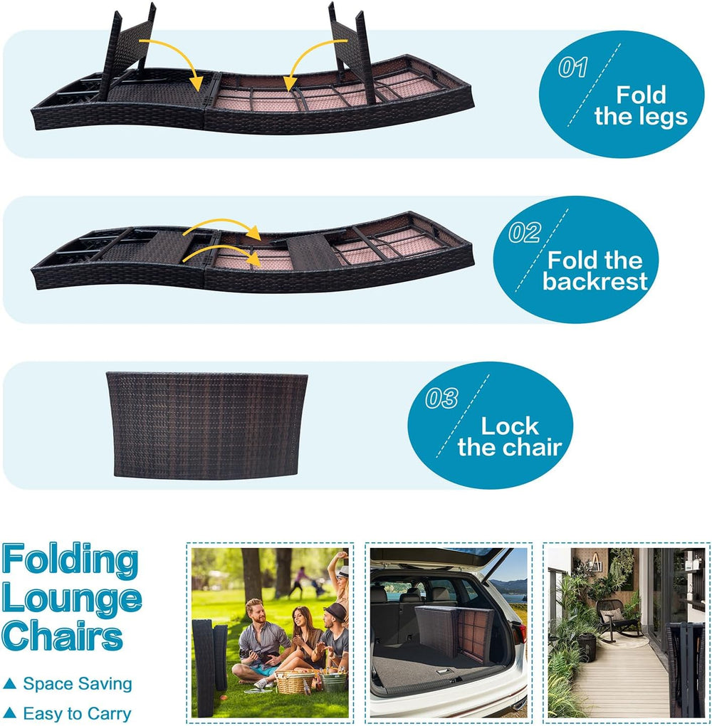 Set of Foldable Long Reclining Patio Seating Chairs, 2 Folding Chairs Patio C...