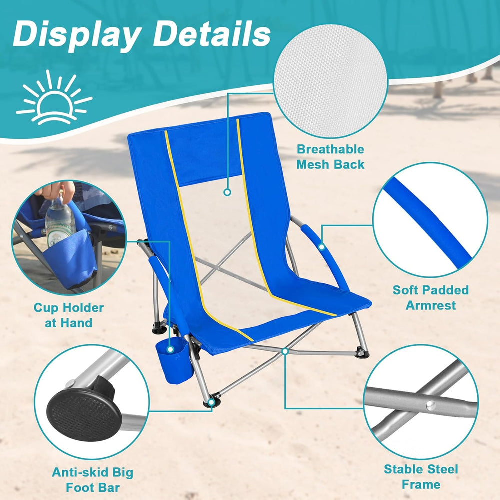 Romswi 2 Pack Lightweight Low Beach Chairs with Breathable Mesh Back, 6LBS Fo...