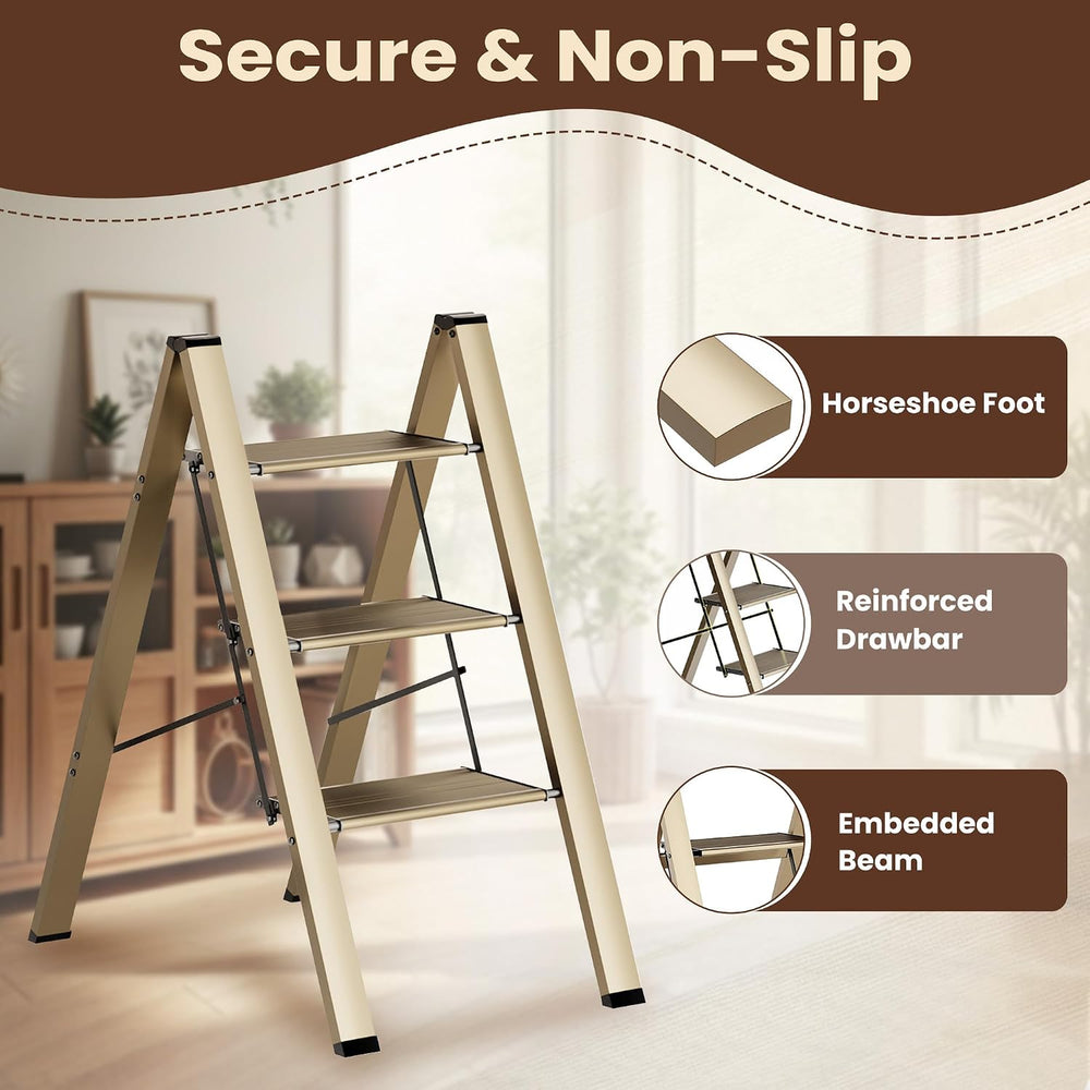 FlyGeneral 3 Step Ladder, Folding Ladder Stool, Gold
