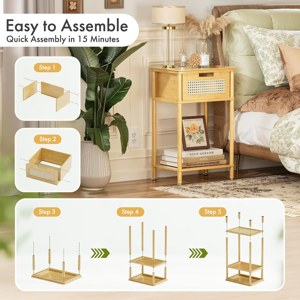 Bamboo Nightstand, Boho Side Table with Drawer and Open Shelf, 3 Tier End Tab...
