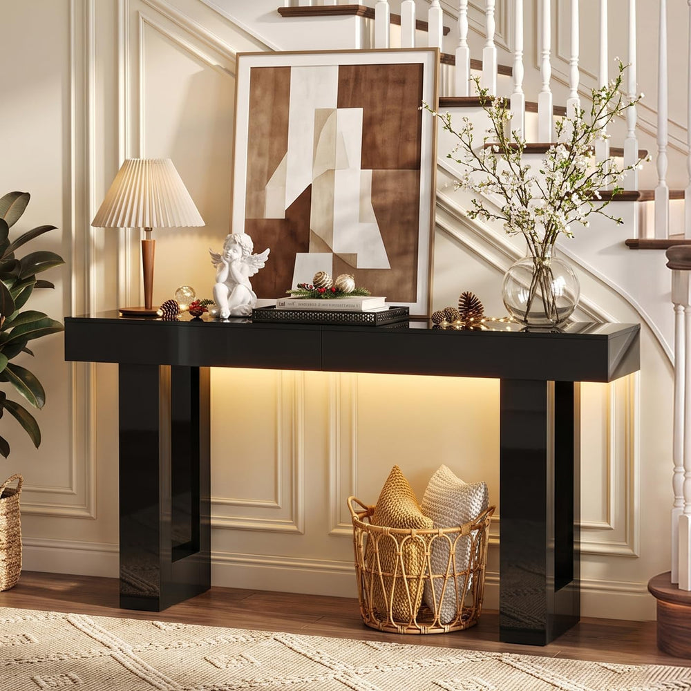 ChooChoo High Gloss 63 Inch Long Console Table with LED Light | Modern Entryw...