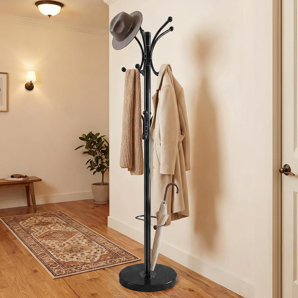 Marble Base Coat Rack Freestanding, 360° Rotary 16 Hooks Black
