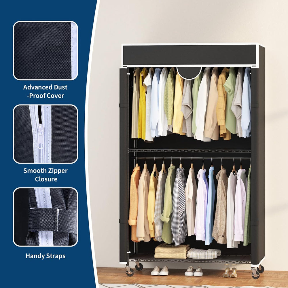 Garvee Heavy Duty Clothes Rack with Cover, 485LBS, on Wheels, Carbon Steel