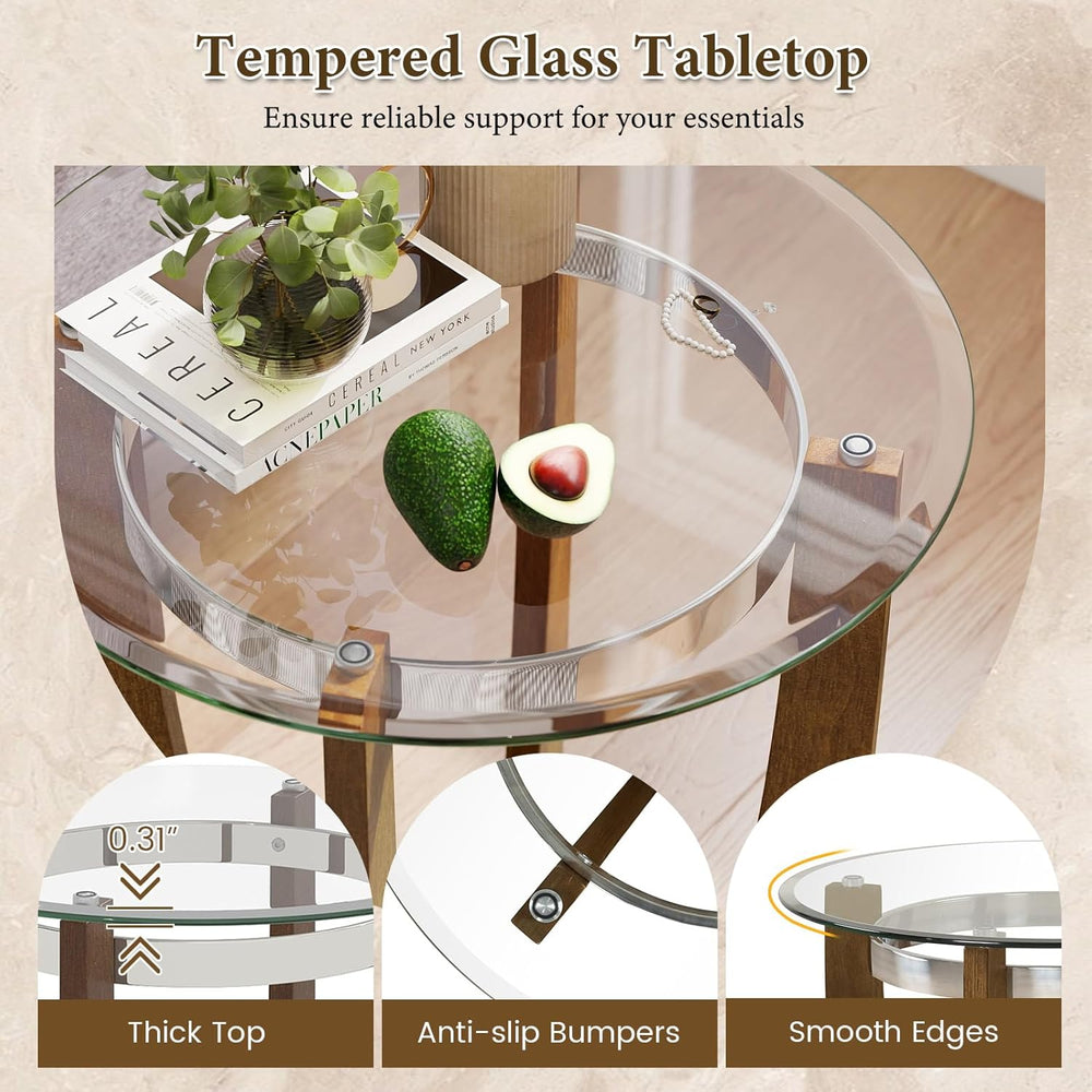GOFLAME Glass End Table, 24” Round Sofa Side Table with Solid Rubber Wood Fra...