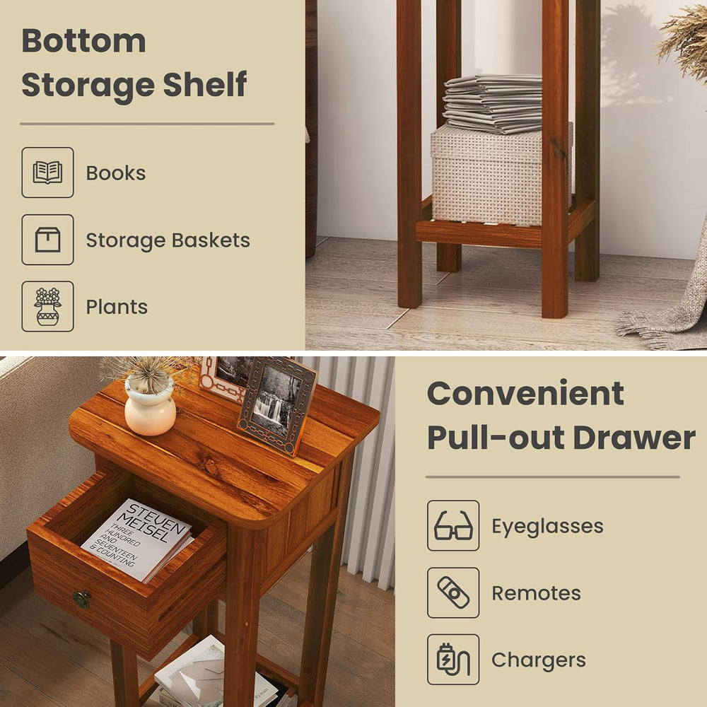 Giantex Narrow End Table with Drawer Set of 2, Tall Acacia Wood Side Table wi...