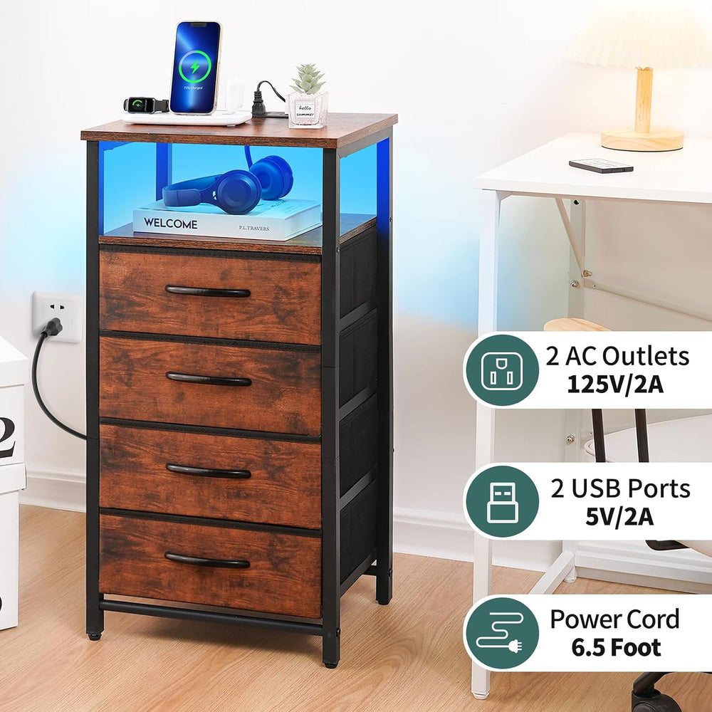 Yoobure Night Stand - LED Rustic Nightstand with Charging Station for Dorm | ...