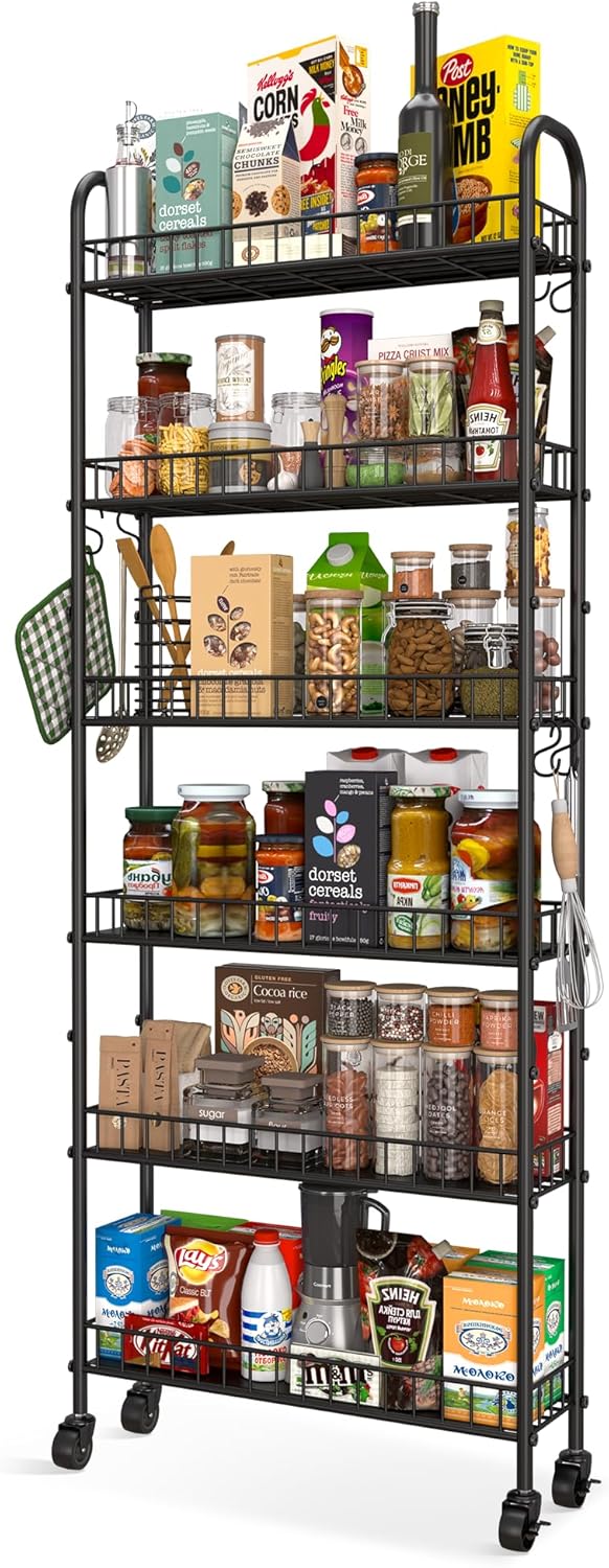 Slim Rolling Storage Cart with Wheels, Metal 6 Tier Spice Rack Mobile Shelvin...