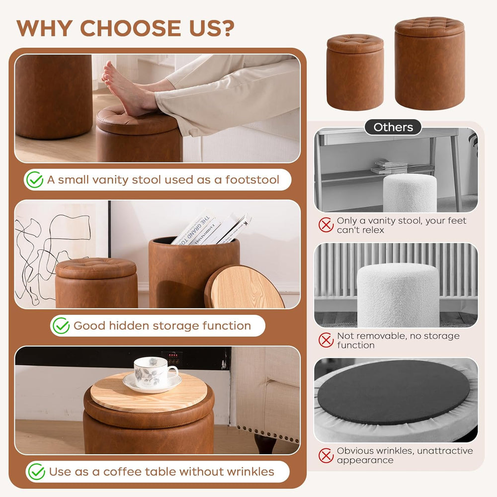 Round Ottoman with Storage Set of 2, 12.6"W x 14.17"H & 14.76&q...