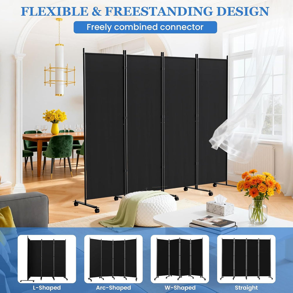 SUNALLY Room Divider Privacy Screens, 4 Panels Dividers with Wheels, Black