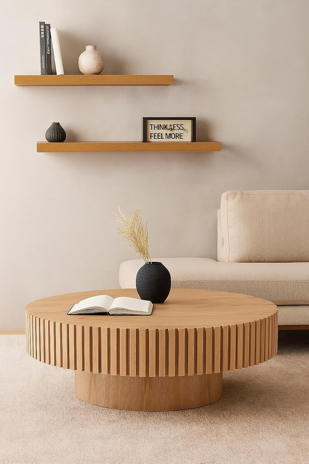 Round Coffee Table with Fluted Design, Wood Oak