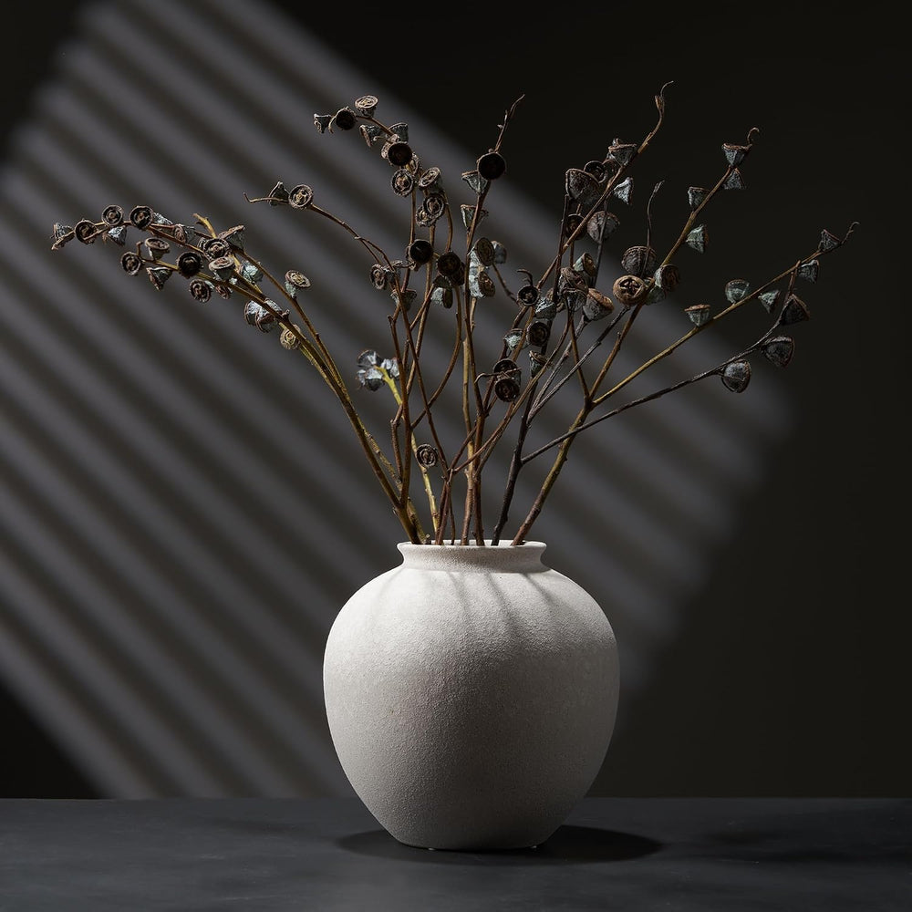 7.8 Inch White Ceramic Vase, Rustic Farmhouse Décor | Round stone-look finish...