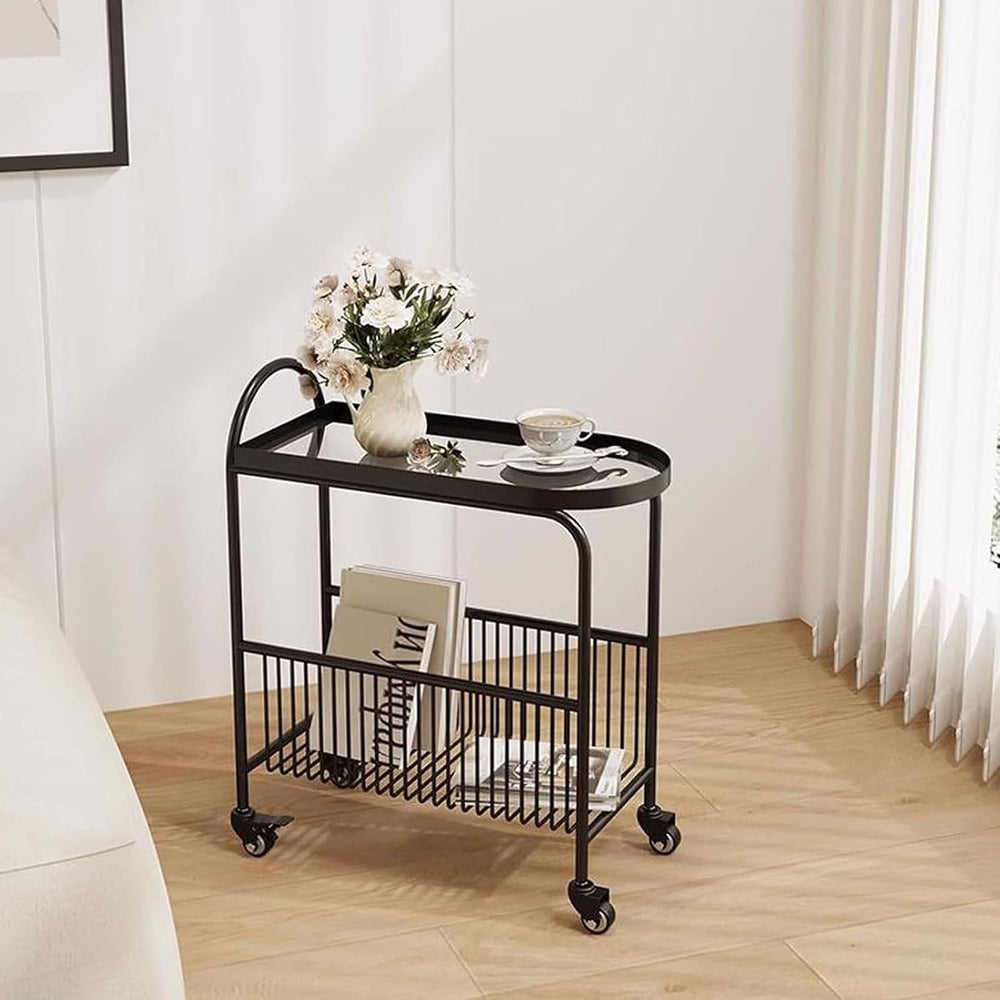 Small Sofa Side Table End Table with Wheels, 2-Tier Utility Rolling Cart Stor...