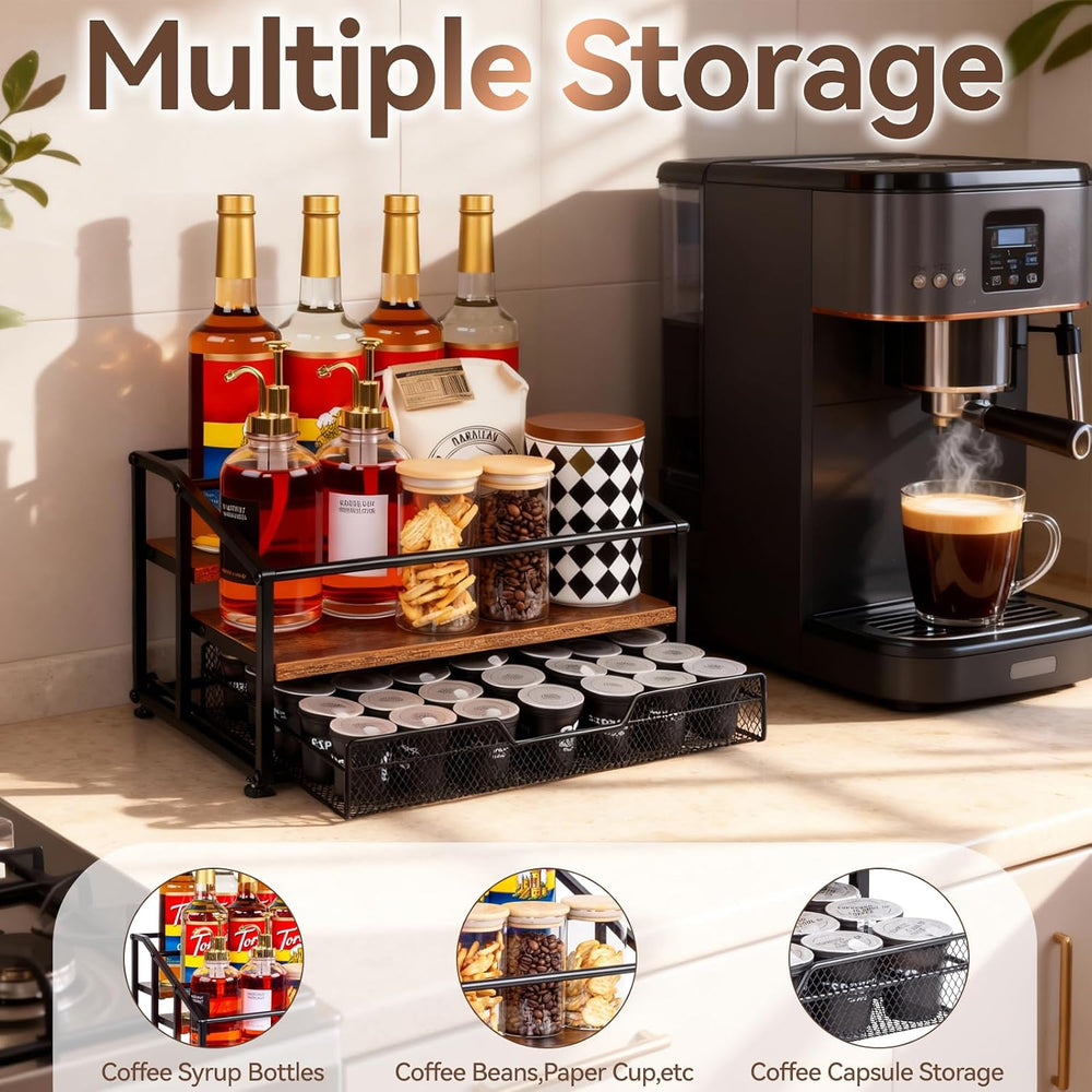 kimilus Coffee Syrup Rack Organizer, 3-Tier 8 Bottle Syrup Rack with 35 K Cup...