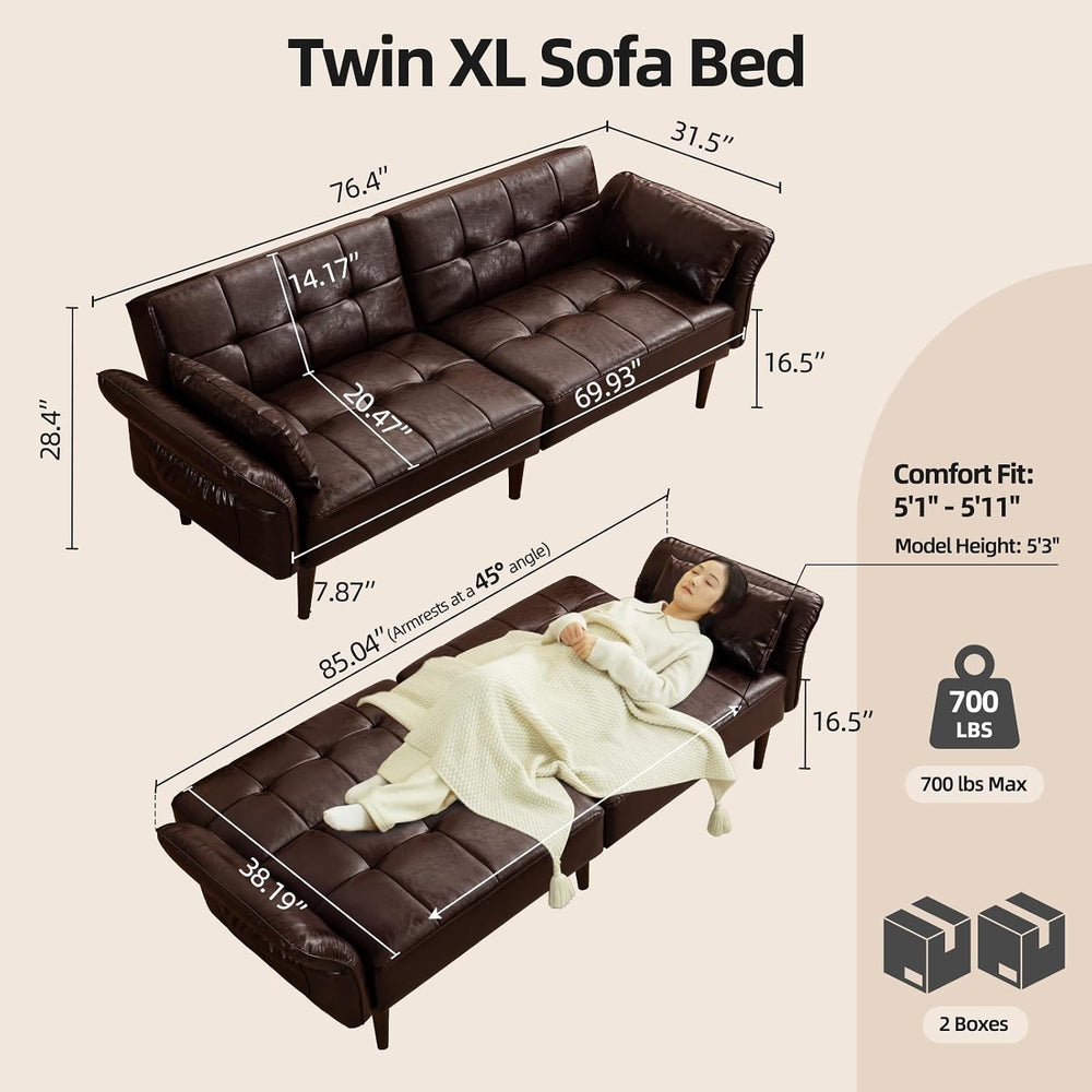 HALLYBEE 85" Futon Faux Leather Couch with Adjustable Armrests Coffee Br...