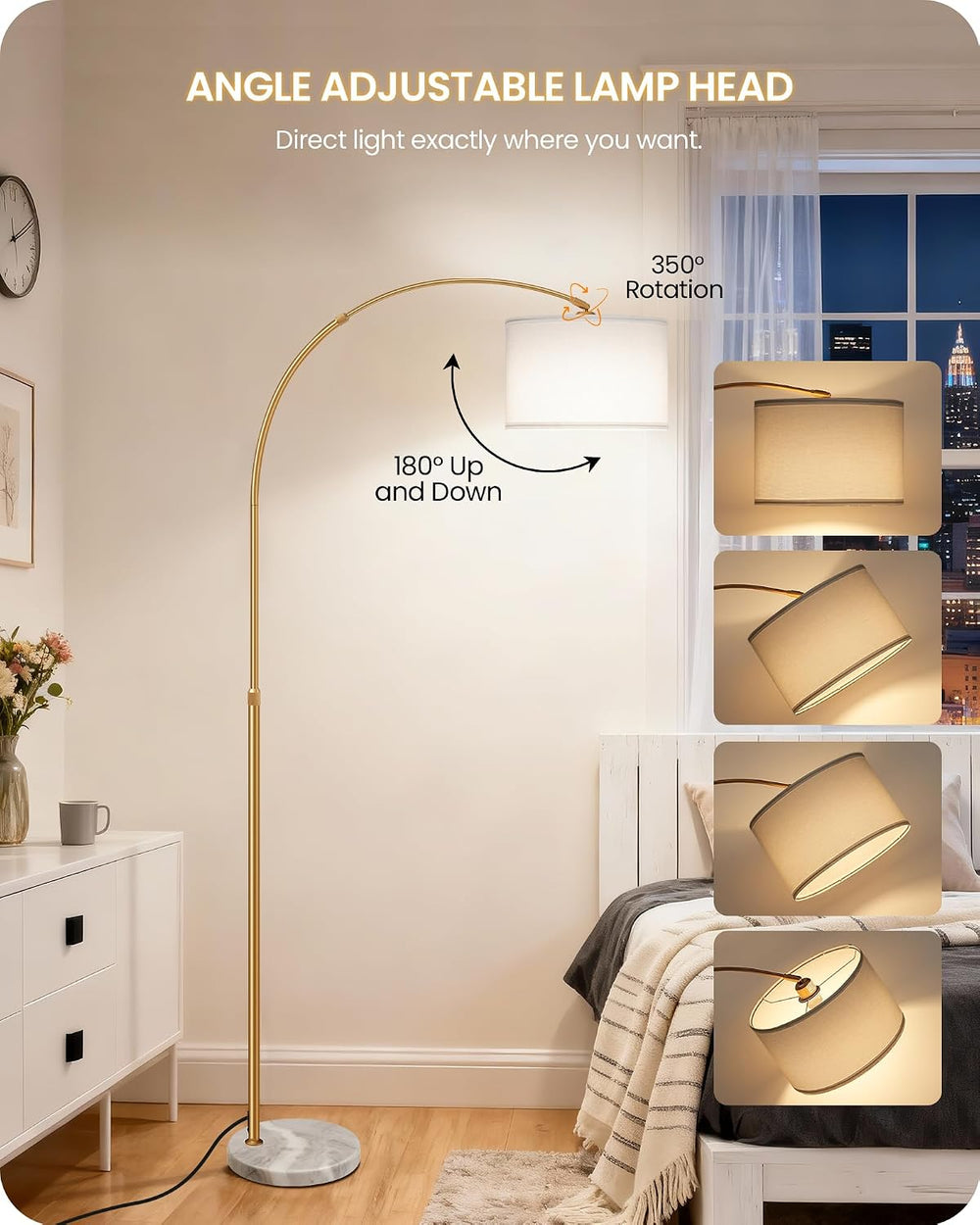 75" Dimmable Gold Arc Lamp with Marble Base, Adjustable Height, White Shade