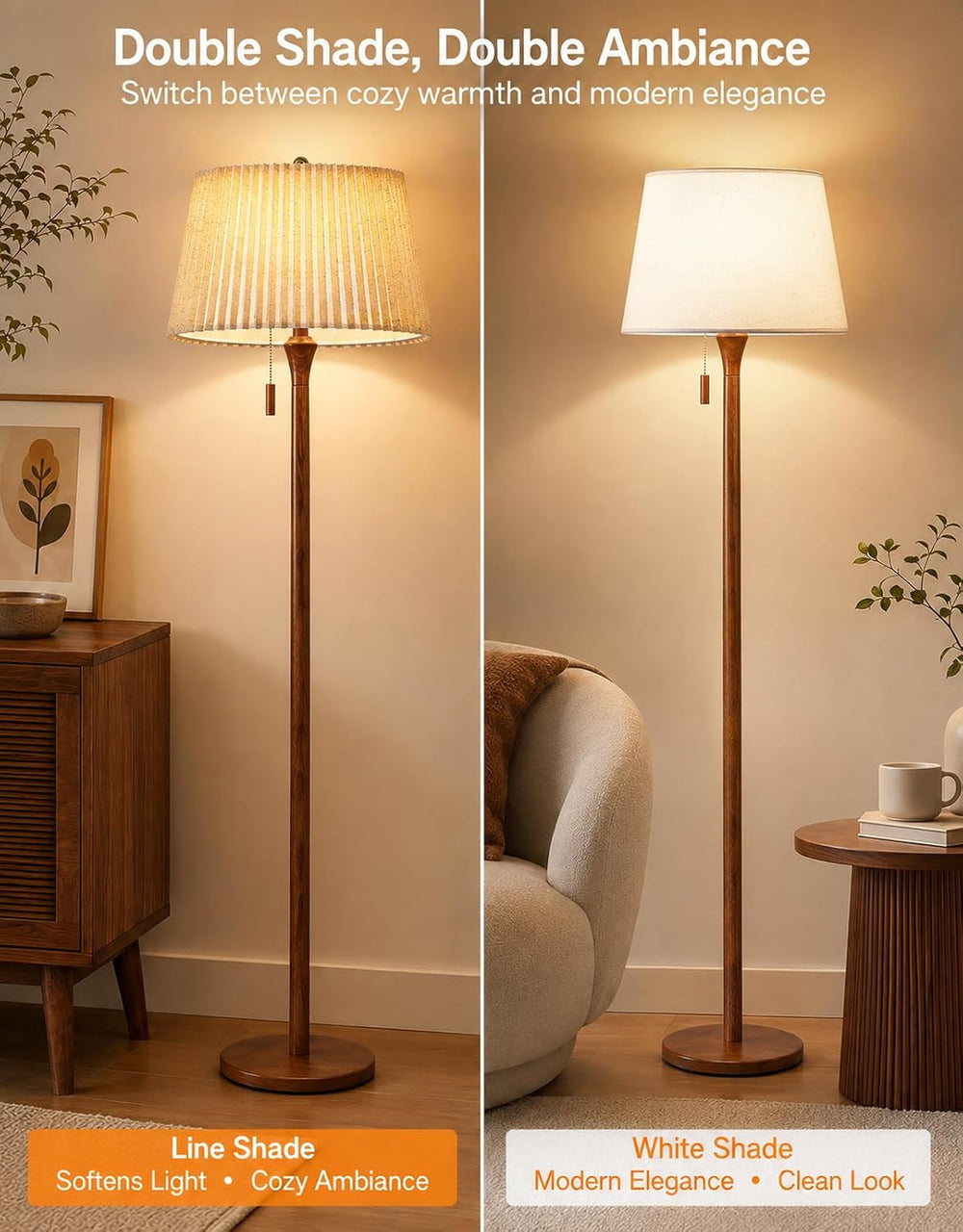 OUTON Wood Floor Lamp with Remote, Dimmable Farmhouse Floor Lamp, Walnut