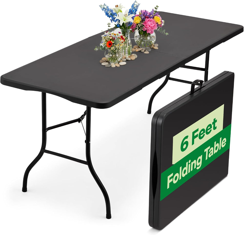 EconoHome Black 6ft Folding Table with Handle | Heavy-Duty Foldable Table | P...