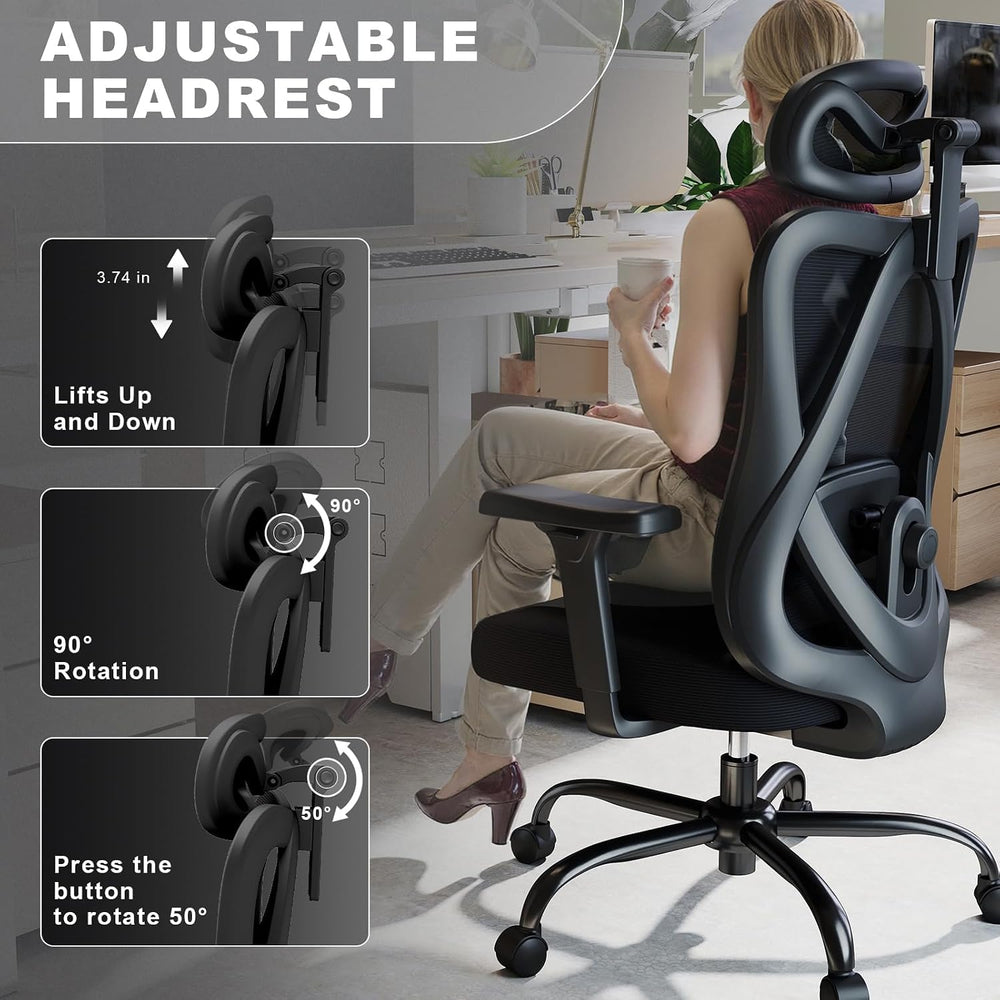 Mesh Office Chair with Headrest, Lumbar Support, 3D Arms, Wide Seat | 300 lbs...