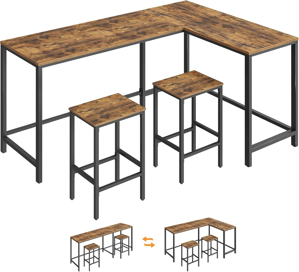 YATINEY L-Shaped Bar Table Chairs Set, 78.7" Bar Height Table and 2 Chai...
