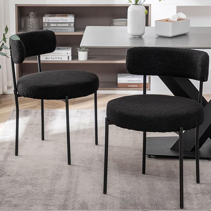 Black Boucle Dining Chairs Set of 2, Upholstered Dining Room Chairs with Blac...