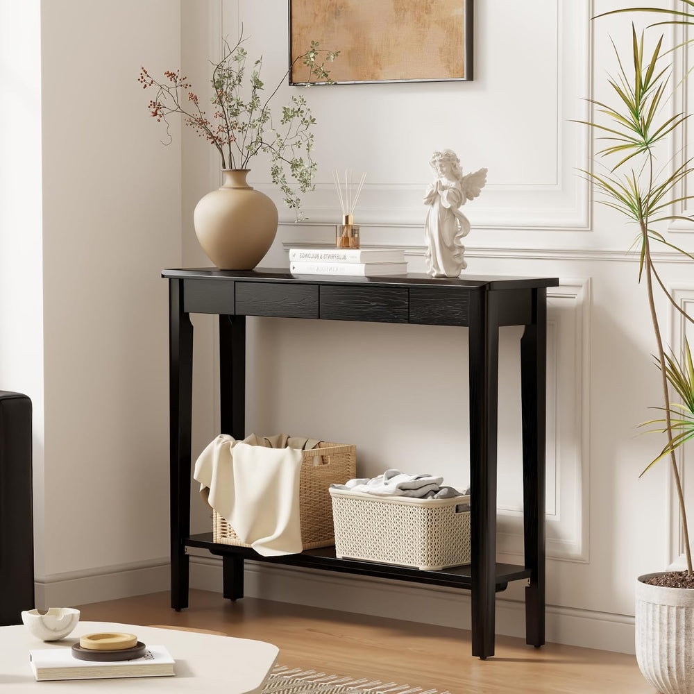 AQIMUELE Wood Console Table with Drawers, Mid Century Modern Console Table Bl...