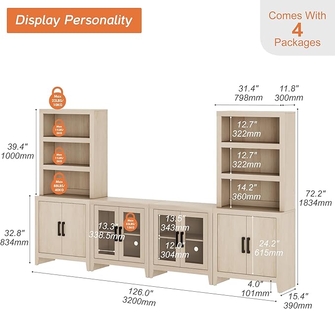 WAMPAT Entertainment Center with Bookshelves, 4-Piece Modular TV Stand with S...