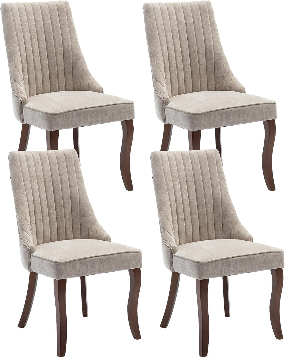 Beige Fabric Upholstered Dining Chairs Set of 4, Curved Solid Wood Legs