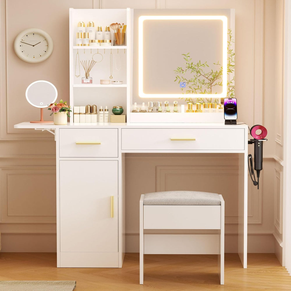 ERLEJIA Vanity Desk with Mirror and Lights & Extral Foldable Desk, 31.5&q...