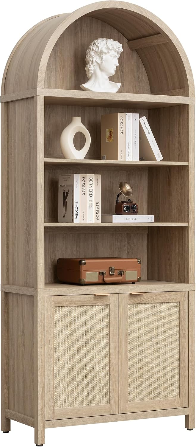 SICOTAS 84.2" Tall Arched Bookcase with Doors - 5 Tier Rattan Bookshelf