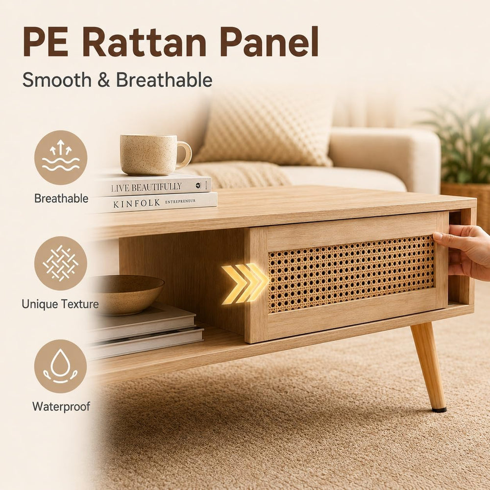 Rattan Coffee Table with Sliding Storage Door, 41.34'' Rectangular Wo...