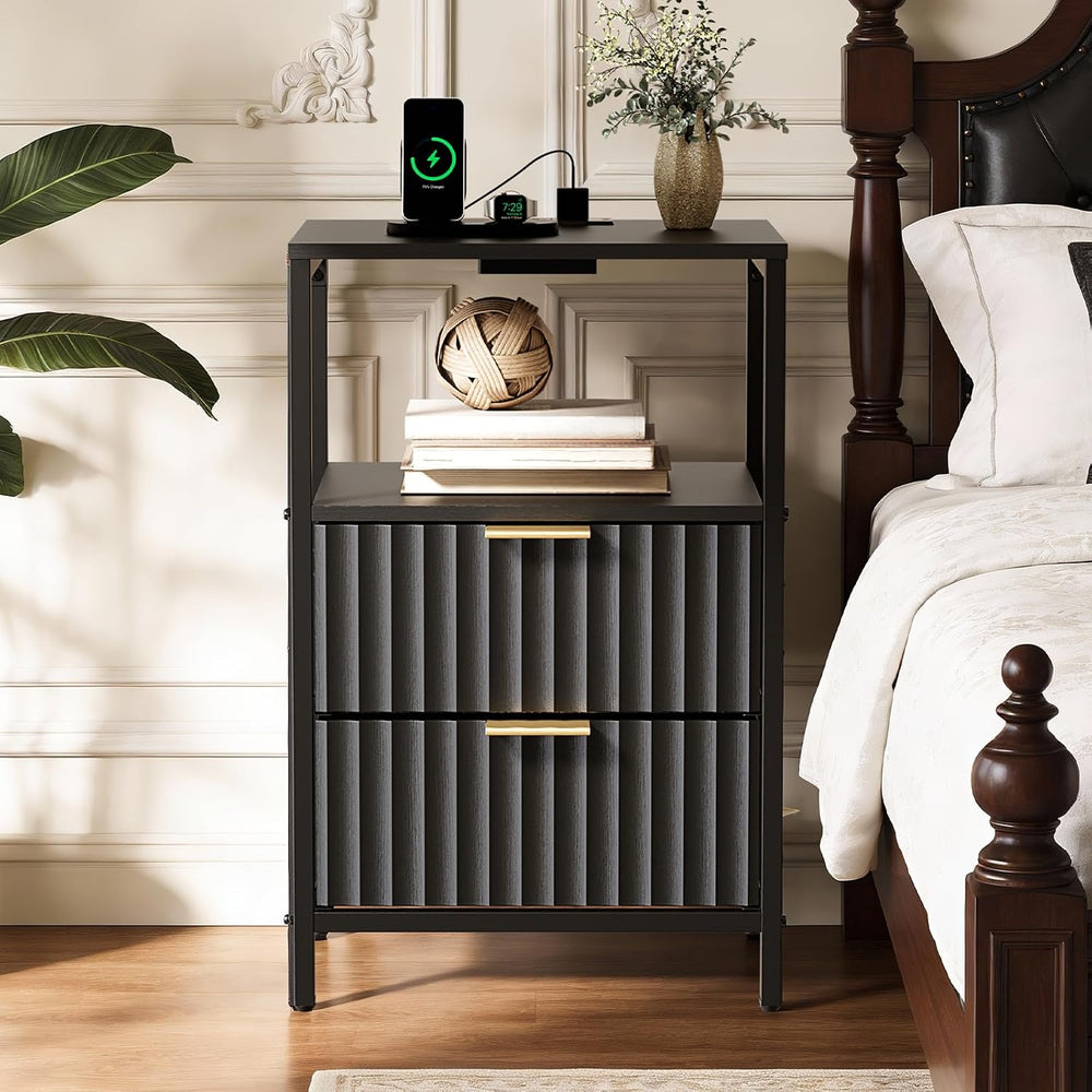 VINGLI Black Nightstands Set of 2 with Fabric Drawers, Fluted Nightstands wit...