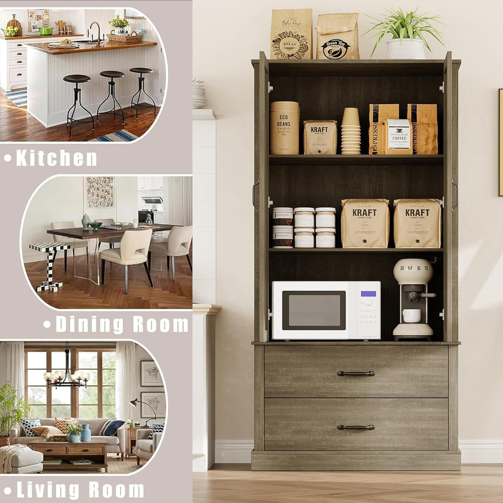 IDEALHOUSE Kitchen Pantry Cabinet, Freestanding Tall Hutch with Barn Doors, D...