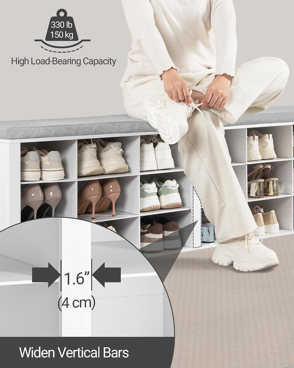 Hzuaneri Shoe Storage Bench with Cushion, Entryway Storage Bench with 18 Cubb...