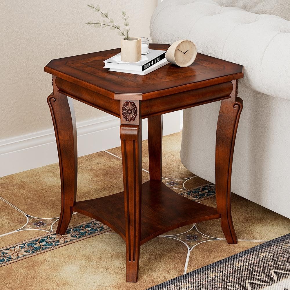LEEMTORIG Solid Wood End Table for Living Room, 2-Tier Square Cherry Wood Nig...